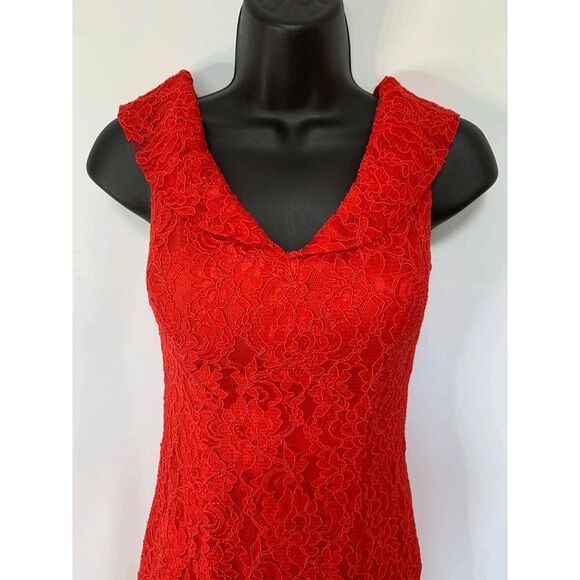 Mikael Aghal Red Full Length Lace Overlay Maxi Dress - Picture 7 of 8